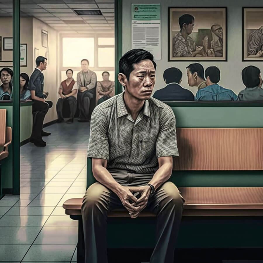Filipino man sitting in a waiting room of an office lobby