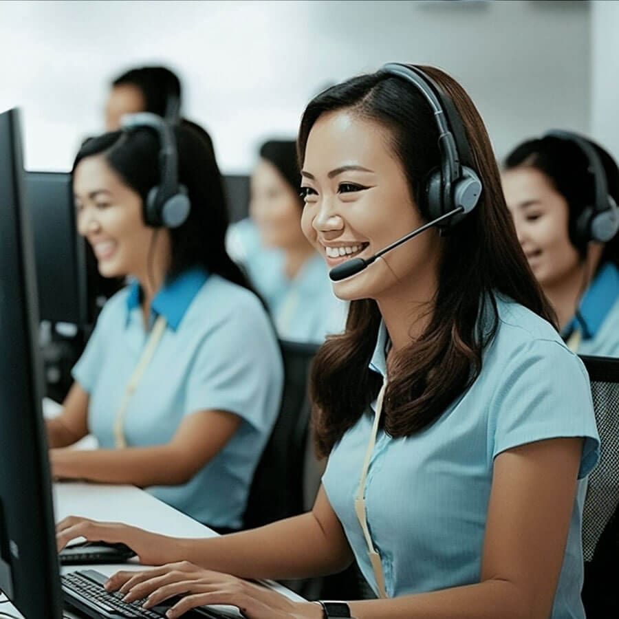 call center agent with workers sitting in a cubicle
