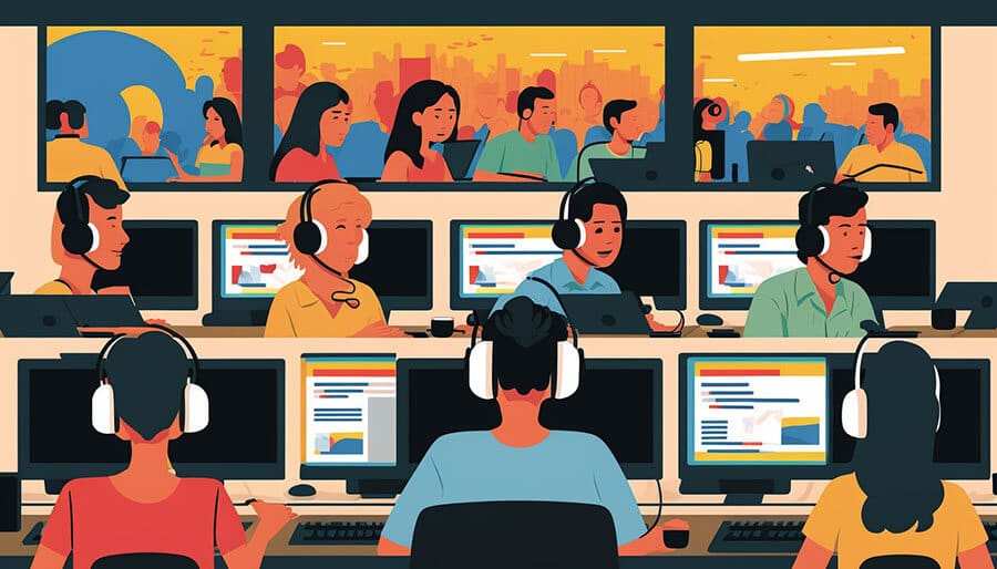 Call center agents working at their specific cubicles in the office